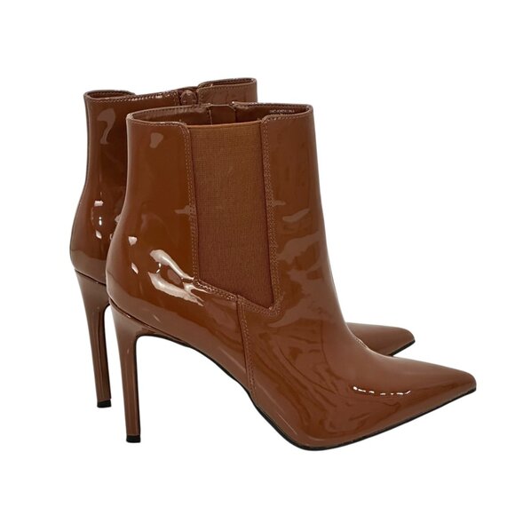 INC -Katalina Brown Patent Leather High Heel Ankle Boots Womens 9M Stretch Panel - Picture 6 of 11
